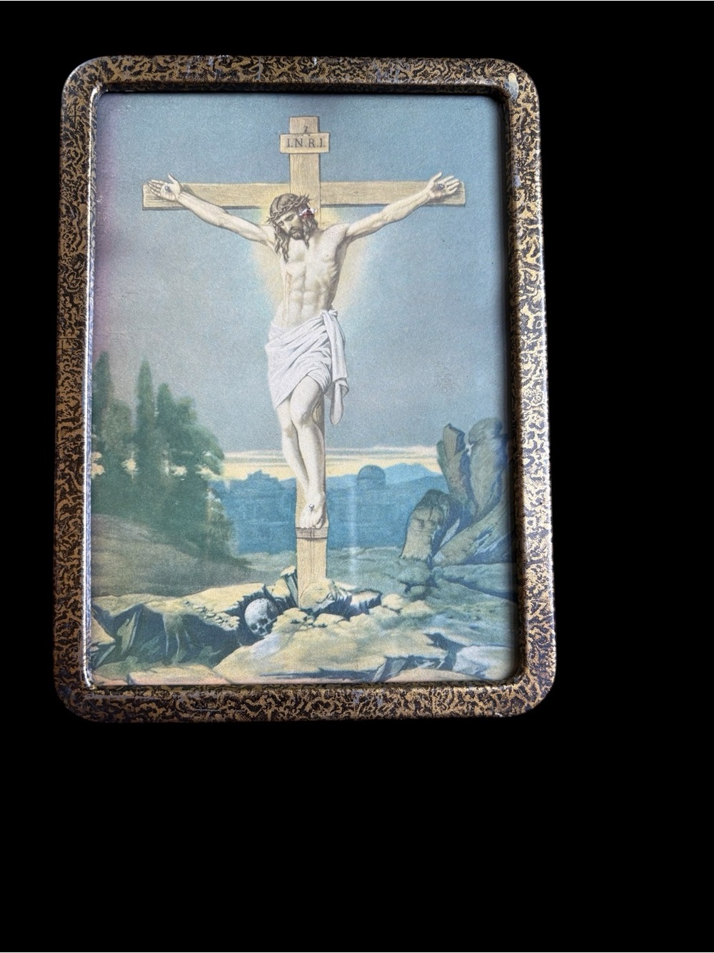 Vintag 1940-1950’s Religious Crucifixion Print in Decorative Frame - Multicolor